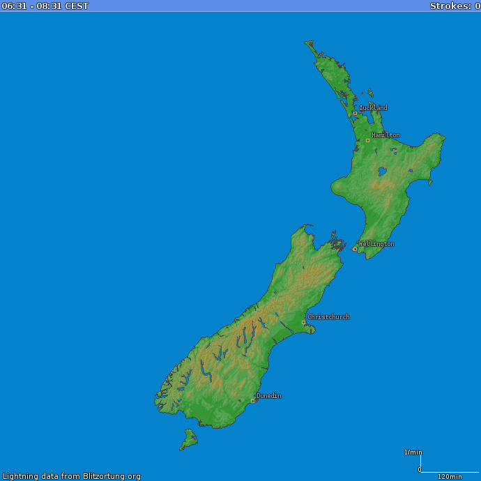 Mapa bleskov Nový Zéland 06.05.2024 09:11:30 CEST