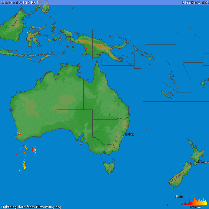Mapa bleskov Oceania 27.04.2024 20:10:32 CEST